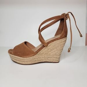 UGG | Reagan Open Toe Anklestrap Tan Suede Espadrille Platform Wedges 9.5
